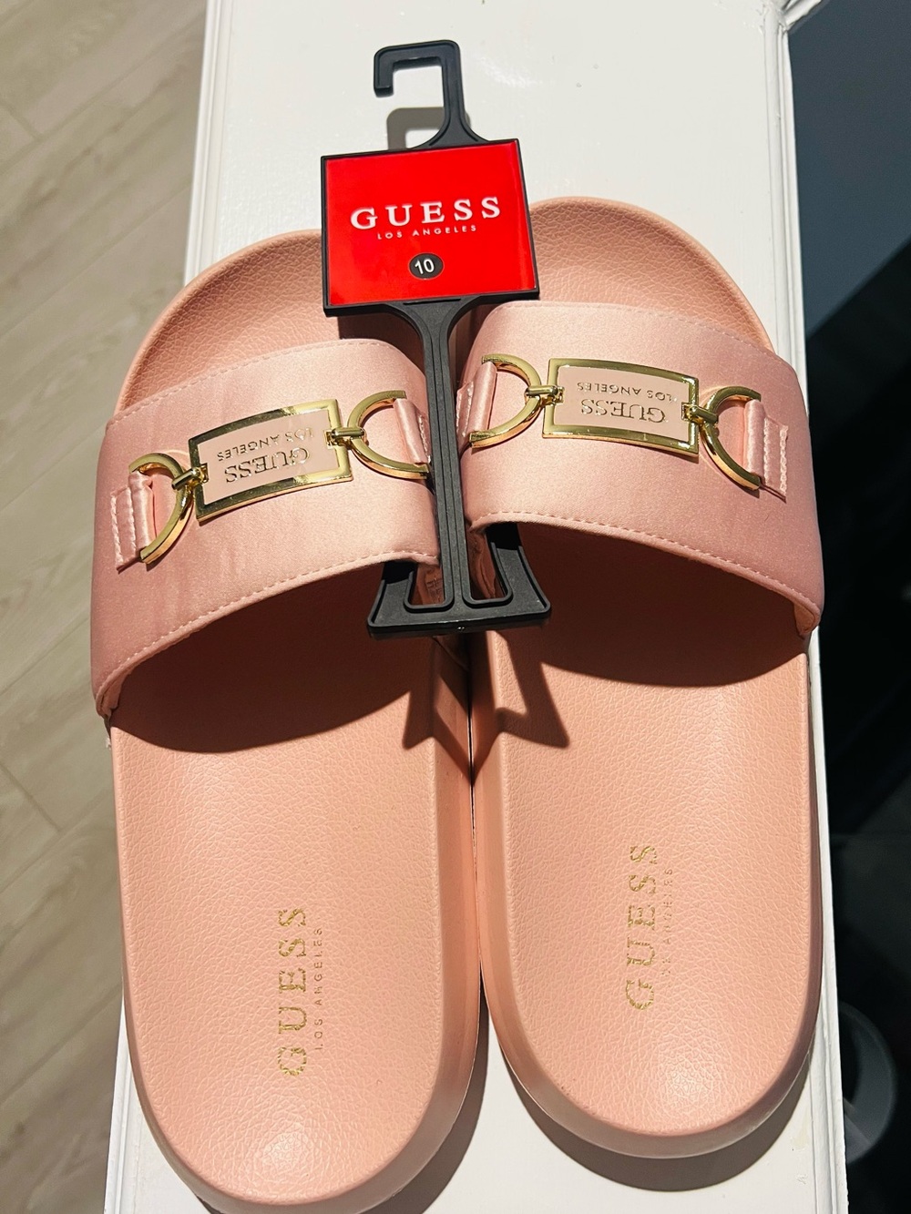 GUESS Blush Pink Slide Sandals with Gold Plaque